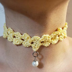 Choker Necklace Yellow with Pearl Pendant Crochet Adjustable Brand New Handmade